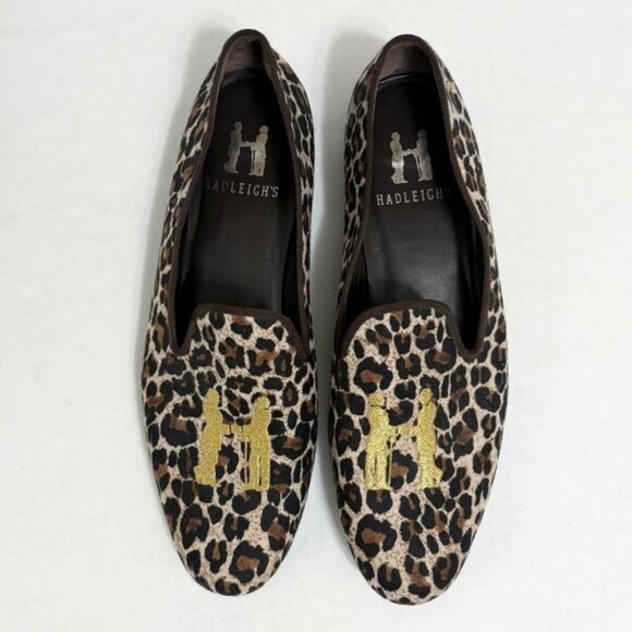 Hadleigh’s Slippers Loafers Leopard Cheetah Print Gold Logo Slip On Flat 42